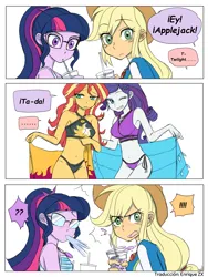 Size: 1620x2160 | Tagged: suggestive, artist:haibaratomoe, edit, editor:enrique zx, ponerpics import, ponybooru import, applejack, rarity, sci-twi, sunset shimmer, twilight sparkle, human, equestria girls, beach shorts swimsuit, bedroom eyes, belly button, better together, blushing, breasts, clothes, comic, drink, embarrassed, exposed, female, females only, geode of empathy, geode of shielding, geode of super strength, geode of telekinesis, glasses, image, lesbian, lidded eyes, looking at you, looking away, magical geodes, one eye closed, png, rarijack, rarity's beach shorts swimsuit, rarity's purple bikini, sarong, sci-twishimmer, scitwishimmer, sexy, shipping, spanish, spanish description, spanish text, spit take, stupid sexy rarity, stupid sexy sunset shimmer, sunset shimmer's beach shorts swimsuit, sunsetsparkle, swimsuit, text, translation, translator:enrique zx, wink