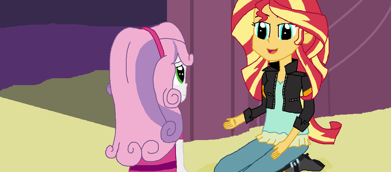 Size: 1600x706 | Tagged: safe, artist:thomaszoey3000, derpibooru import, sunset shimmer, sweetie belle, human, fanfic:sweetie belle's big adventure, equestria girls, g4, advice, canterlot high, conversation, curtains, duo, image, png