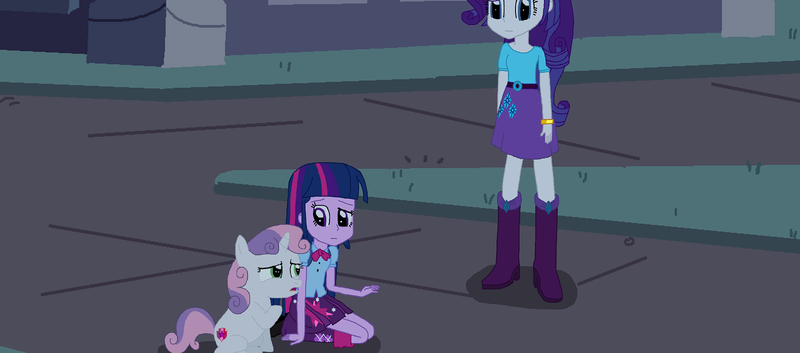 Size: 1600x706 | Tagged: safe, artist:thomaszoey3000, derpibooru import, rarity, sweetie belle, twilight sparkle, twilight sparkle (alicorn), alicorn, pony, unicorn, fanfic:sweetie belle's big adventure, equestria girls, g4, building, canterlot high, grass, horn, image, lawn, night, png