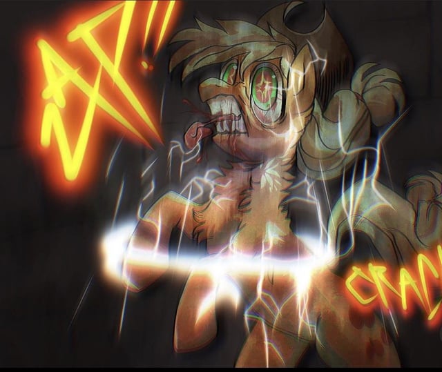 Size: 640x539 | Tagged: artist needed, grimdark, derpibooru import, applejack, earth pony, pony, fanfic:the friendship test, g4, 2024, biting tongue, blood, electrocution, fanfic art, image, jpeg, onomatopoeia, solo, tongue out