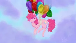 Size: 3840x2160 | Tagged: safe, artist:klio, derpibooru import, pinkie pie, g4, album: colors of life, balloon, flying, happy, image, png, sky, solo