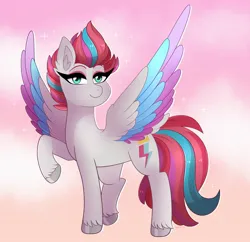 Size: 2434x2357 | Tagged: safe, artist:emera33, derpibooru import, zipp storm, pegasus, pony, g5, colored wings, female, image, jpeg, looking at you, mare, multicolored wings, raised hoof, solo, spread wings, wings