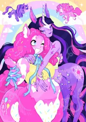 Size: 2328x3304 | Tagged: safe, artist:dreamaruu, derpibooru import, pinkie pie, twilight sparkle, centaur, earth pony, pony, taur, unicorn, g4, clothes, duo, female, hug, image, lesbian, png, shipping, twinkie, unicorn twilight, zine:study party kiss & repeat