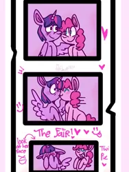 Size: 768x1024 | Tagged: safe, artist:scrunchmew, derpibooru import, pinkie pie, twilight sparkle, twilight sparkle (alicorn), alicorn, earth pony, pony, g4, blushing, covering face, duo, embarrassed, female, film reel, image, kiss on the lips, kissing, lesbian, mare, png, shipping, surprise kiss, twinkie, zine:study party kiss & repeat