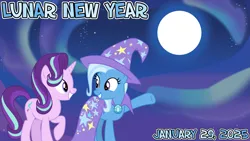 Size: 2063x1161 | Tagged: safe, artist:caliazian, artist:not-yet-a-brony, derpibooru import, starlight glimmer, trixie, pony, unicorn, g4, 2025, duo, female, horn, image, january, lunar new year, mare, moon, night, png