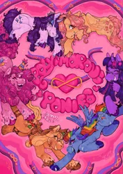 Size: 817x1155 | Tagged: safe, artist:tranz.bonez, derpibooru import, applejack, fluttershy, pinkie pie, rainbow dash, rarity, twilight sparkle, earth pony, pegasus, pony, unicorn, g4, band-aid on nose, bandaid, curved horn, eyebrows, eyebrows visible through hair, female, flying, glasses, hat, horn, image, lesbian, mane six, mare, omniship, party hat, png, polyamory, saddle, shipping, tack, unshorn fetlocks, zine:fanzines r magic volume 1