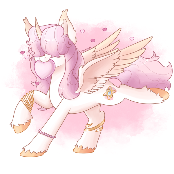 Size: 1500x1500 | Tagged: safe, artist:maravor, derpibooru import, oc, unofficial characters only, alicorn, pony, alicorn oc, bracelet, commission, hair over eyes, heart, horn, image, jewelry, mouth hold, png, solo, wings, ych result