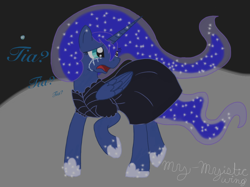 Size: 1024x768 | Tagged: safe, artist:cosmicartist-2000, derpibooru import, princess luna, alicorn, pony, g4, clothes, crying, dress, female, image, implied princess celestia, jpeg, mare, old art, on the moon, sad, scared, solo