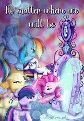 Size: 817x1169 | Tagged: safe, artist:love_bite_arts, derpibooru import, applejack, fluttershy, pinkie pie, rainbow dash, rarity, twilight sparkle, twilight sparkle (alicorn), alicorn, earth pony, pegasus, pony, unicorn, g4, crying, fainting couch, female, flying, horn, image, magic, magic mirror, makeup, mane six, mare, png, portal, pulling, running makeup, telekinesis, zine:fanzines r magic volume 1