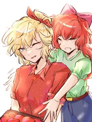 Size: 1080x1440 | Tagged: safe, artist:4382844404, derpibooru import, apple bloom, applejack, human, apple, apple sisters, belt, belt buckle, clothes, collared shirt, cowboy shot, denim, female, food, humanized, image, jeans, one eye closed, pants, png, shirt, short sleeves, siblings, simple background, sisters, smiling, white background