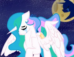 Size: 430x330 | Tagged: safe, artist:cosmicartist-2000, derpibooru import, princess celestia, princess luna, alicorn, pony, g4, banishment, crying, eyes closed, female, image, mare, mare in the moon, missing accessory, moon, png, sad