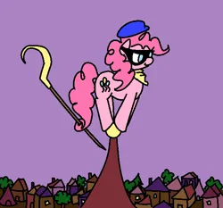 Size: 629x587 | Tagged: safe, artist:purblehoers, derpibooru import, pinkie pie, earth pony, pony, g4, balancing, bandana, cane, city, cityscape, confident, female, hat, image, mare, mask, ms paint, png, prehensile tail, purple sky, sly cooper, smiling, solo, tail, video game