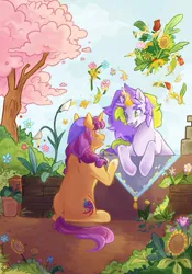 Size: 817x1169 | Tagged: safe, artist:clothed_daffodil, derpibooru import, oc, unofficial characters only, pony, unicorn, duo, female, flower, garden, horn, image, looking at each other, looking at someone, magic, mare, png, telekinesis, zine:fanzines r magic volume 1