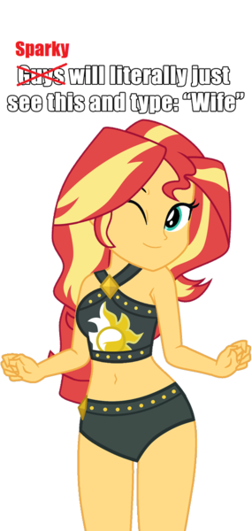 Size: 544x1146 | Tagged: safe, artist:mlpfan3991, artist:star-armour95, artist:yaya54320bases, derpibooru import, edit, edited edit, sunset shimmer, oc, oc:flare spark, human, equestria girls, g4, bare shoulders, belly, belly button, canon x oc, cute, female, image, lesbian, meme, midriff, one eye closed, png, shimmerbetes, ship:flareset, shipping, simple background, solo, sunset shimmer's beach shorts swimsuit, teenager, text, transparent background, vector, waifu, wife, wink