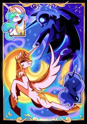 Size: 817x1159 | Tagged: safe, artist:lovebubb_, derpibooru import, daybreaker, nightmare moon, princess celestia, princess luna, alicorn, pony, g4, black sclera, duo, fangs, female, fight, helmet, hoof shoes, image, jewelry, mare, peytral, png, regalia, zine:fanzines r magic volume 1