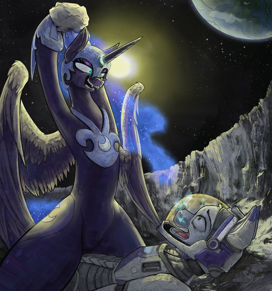 Size: 7399x7925 | Tagged: safe, artist:blvckmagic, derpibooru import, nightmare moon, oc, oc:orion zephyr, alicorn, pegasus, pony, fanfic:somnambulance, g4, absurd resolution, armor, astronaut, cracked, crater, detailed background, earth, ethereal mane, ethereal tail, evil grin, eyeshadow, glass, grin, image, jpeg, magic suppression, makeup, moon, painting, pegasus oc, peytral, pinned down, pinpoint eyes, rock, smiling, space helmet, spacesuit, spread wings, stars, sun, tail, terrified, wings