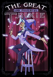 Size: 817x1186 | Tagged: safe, artist:tuckurd, derpibooru import, trixie, human, g4, bar stool, clothes, female, hat, horn, horned humanization, humanized, image, money, png, solo, trixie's hat, wand, zine:fanzines r magic volume 1