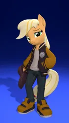 Size: 2160x3840 | Tagged: safe, artist:owlpirate, derpibooru import, applejack, anthro, earth pony, plantigrade anthro, pony, g4, 3d, 4k, clothes, female, hand in pocket, hat off, high res, image, jacket, lidded eyes, looking at you, mare, png, shoes, smiling, smiling at you, solo, source filmmaker