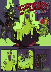 Size: 817x1155 | Tagged: safe, artist:pumpkinshiba, derpibooru import, oc, oc:kandi, oc:spooky, unofficial characters only, ghost, pegasus, pony, undead, unicorn, cauldron, comic, curved horn, female, horn, image, magic, mare, png, zine:fanzines r magic volume 1