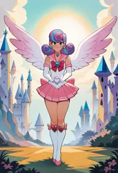 Size: 832x1216 | Tagged: safe, ai content, machine learning generated, ponerpics import, ponybooru import, princess flurry heart, human, clothes, costume, dress, female, heart, humanized, image, jpeg, looking at you, older, older flurry heart, sailor chibi moon, solo, winged humanization, wings