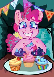 Size: 817x1169 | Tagged: safe, artist:teddie.bear420, derpibooru import, pinkie pie, earth pony, pony, fanfic:cupcakes, g4, cupcake, female, food, image, implied murder, looking at you, mare, png, smiling, solo, unshorn fetlocks, zine:fanzines r magic volume 1