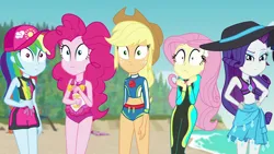 Size: 1920x1080 | Tagged: safe, derpibooru import, screencap, applejack, fluttershy, pinkie pie, rainbow dash, rarity, human, equestria girls, g4, beach, clothes, confused, equestria girls specials, female, fluttershy's wetsuit, hand on hip, humane five, image, my little pony equestria girls: forgotten friendship, one-piece swimsuit, png, rarity's blue sarong, rarity's purple bikini, reaction image, shocked, swimsuit, wetsuit, worried