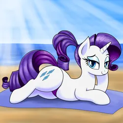 Size: 1500x1500 | Tagged: safe, artist:vomitvomiting, derpibooru import, rarity, pony, g4, alternate hairstyle, beach, clothes, image, looking at you, lying down, png, ponytail, solo, swimsuit