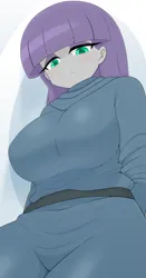 Size: 1889x3610 | Tagged: safe, artist:batipin, derpibooru import, maud pie, human, equestria girls, g4, 2d, bangs, big breasts, breasts, busty maud pie, clothes, eyeshadow, female, image, long sleeves, looking at you, low angle, makeup, png, waistband