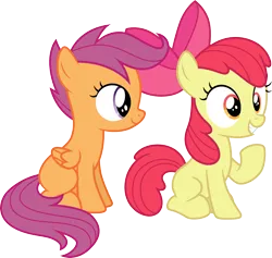 Size: 3162x3000 | Tagged: safe, artist:cloudy glow, derpibooru import, apple bloom, scootaloo, earth pony, pegasus, g4, apple bloom's bow, bow, duo, duo female, female, hair bow, image, png, simple background, transparent background, vector