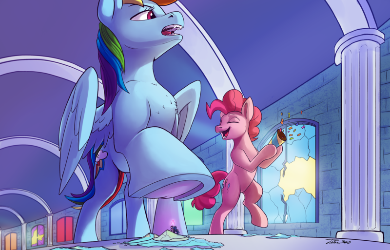 Size: 4999x3208 | Tagged: safe, artist:tsitra360, derpibooru import, pinkie pie, princess luna, rainbow dash, twilight sparkle, alicorn, earth pony, pegasus, fanfic:a small issue, g4, bipedal, broken glass, canterlot castle, fanfic art, glass, hat, image, magic, magic aura, micro, open mouth, party cannon, party hat, png, raised hoof, unaware, underhoof, window, wings