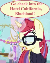 Size: 576x720 | Tagged: safe, derpibooru import, edit, edited screencap, editor:korora, screencap, moondancer, pony, unicorn, amending fences, g4, angry, canterlot, clothes, cropped, glasses, horn, hotel california, image, implied blueblood, magic, magic aura, my little pony, offscreen character, png, stick, sweater, the eagles