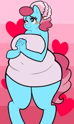 Size: 1148x1920 | Tagged: suggestive, artist:/d/non, derpibooru import, cup cake, anthro, earth pony, g4, 30 minute art challenge, adorafatty, belly, belly button, blush sticker, blushing, clothes, cute, cute cake, dress, fat, female, fingers interlocked, heart, heart background, image, milf, png, smiling, solo, solo female, tail, thick cup cake, veil, wide hips