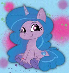 Size: 2038x2152 | Tagged: safe, artist:amynewblue, derpibooru import, izzy moonbow, pony, unicorn, g5, blue mane, bracelet, cute, female, friendship bracelet, horn, image, izzybetes, jewelry, looking at you, mare, paint splatter, png, smiling, smiling at you, solo, underhoof, unshorn fetlocks