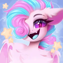 Size: 4096x4096 | Tagged: safe, artist:kebchach, derpibooru import, oc, oc:sweetie swirl, unofficial characters only, bat pony, pony, bat pony oc, bat wings, chest fluff, ear fluff, fangs, female, femboy, hair over one eye, high res, image, looking at you, male, mare, open mouth, open smile, png, slit pupils, smiling, smiling at you, solo, sparkles, sparkly eyes, stallion, wingding eyes, wings