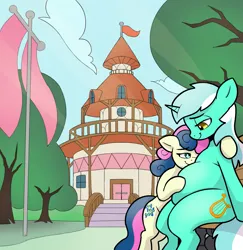 Size: 1891x1948 | Tagged: suggestive, artist:ahobobo, derpibooru import, bon bon, lyra heartstrings, sweetie drops, earth pony, semi-anthro, unicorn, g4, building, chubby, cloud, duo, duo female, fat, female, flag, horn, image, lard-ra heartstrings, lesbian, lyrabon, outdoors, png, ponyville town hall, shipping, sitting, sky, snuggling, tree