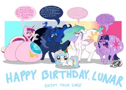 Size: 7000x5000 | Tagged: suggestive, artist:lukewarmluke, derpibooru import, princess cadance, princess celestia, princess luna, twilight sparkle, oc, oc:lunar moon, alicorn, pony, unicorn, g4, birthday, butt, butt touch, chest fluff, chibi, digital art, ethereal mane, ethereal tail, female, folded wings, grope, horn, huge butt, hyper, hyper butt, image, imminent sex, impossibly large butt, large butt, lovebutt, male, moonbutt, plot, png, simple background, spread wings, sunbutt, tail, the ass was fat, tongue out, twibutt, unicorn oc, wings