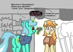 Size: 540x386 | Tagged: safe, artist:lrg!!, derpibooru import, braeburn, lyra heartstrings, pony, unicorn, g4, butt, cross-eyed, derp, gay, horn, image, implied:starswirl, levitation, magic, male, meme, plot, png, ponified meme, telekinesis