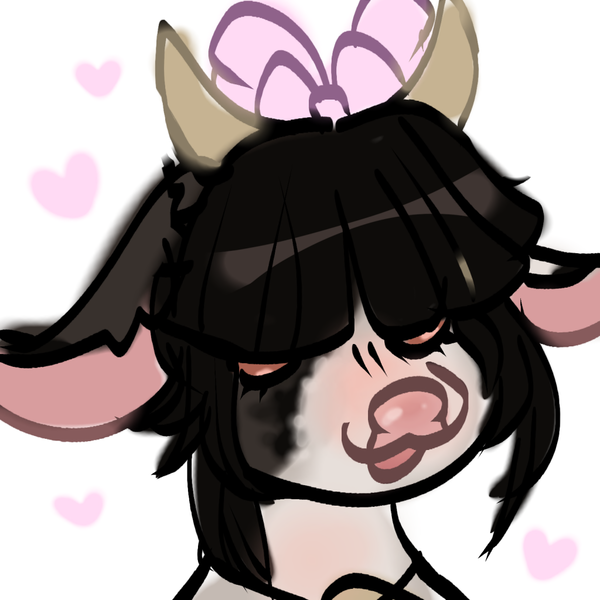 Size: 1024x1024 | Tagged: safe, artist:iridescentclaws, derpibooru import, oc, oc:mookery, unofficial characters only, cow, pony, accessory, big bow, black hair, black mane, bow, bust, cow ears, cow horns, cow oc, digital art, ears, eyelashes, female, floating heart, floppy ears, hair bow, hair over eyes, heart, horns, image, long ears, mottled coat, png, portrait, simple background, smiling, solo, white background