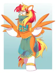 Size: 1568x2047 | Tagged: safe, artist:cheekipone, ponerpics import, oc, unofficial characters only, pegasus, pony, semi-anthro, belly button, belly dancer, belly dancer outfit, bipedal, blaze (coat marking), bra, bracelet, clothes, female, glasses, harem outfit, image, jewelry, loincloth, mare, panties, passepartout, pegasus oc, png, raised hoof, raised hooves, raised leg, see-through, see-through loincloth, smiling, socks (coat marking), solo, spread wings, thong, two toned mane, two toned tail, underhoof, underwear, unshorn fetlocks, veil, wings