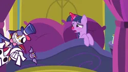 Size: 1280x720 | Tagged: safe, derpibooru import, edit, edited screencap, screencap, twilight sparkle, twilight sparkle (alicorn), alicorn, bat, pony, unicorn, ail-icorn, g4, spoiler:interseason shorts, bed, bedroom, blue hair, bone, bowtie, dapper bones, glasses, gritted teeth, hat, horn, image, interseason shorts, my little pony, open mouth, pillow, png, pointing, purple eyes, puyo puyo, puyo puyo fever, skeleton, swollen horn, teeth, top hat, twilight's bedroom, twilight's castle