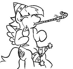 Size: 800x763 | Tagged: suggestive, artist:jargon scott, derpibooru import, oc, oc:low rider, unofficial characters only, pegasus, pony, 2015, black and white, crotchboobs, drink, eyes closed, female, glass, grayscale, happy new year, hat, holiday, hoof hold, image, improvised crotchbra, mare, monochrome, noisemaker, nudity, party hat, partying, pegasus oc, png, simple background, solo, spread wings, tail, white background, wine glass, wings