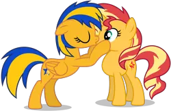 Size: 6227x4043 | Tagged: safe, artist:creedyboy124, derpibooru import, sunset shimmer, oc, oc:flare spark, pegasus, pony, unicorn, g4, eyes closed, female, horn, image, kissing, lesbian, mare, pegasus oc, png, simple background, transparent background, wings