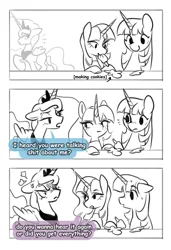 Size: 2700x3956 | Tagged: safe, artist:opalacorn, derpibooru import, princess luna, twilight sparkle, oc, oc:deathbringer, alicorn, pony, g4, alicorn oc, black and white, comic, cross-popping veins, dialogue, emanata, frown, furrowed brow, grayscale, horn, icing bag, image, jpeg, magical lesbian spawn, monochrome, offspring, parent:nightmare moon, parent:twilight sparkle, parents:twimoon, partial color, simple background, sweat, trio, vulgar, white background, wings