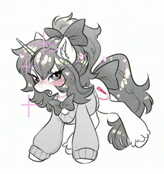 Size: 2859x3033 | Tagged: oc name needed, safe, artist:opalacorn, derpibooru import, oc, unofficial characters only, pony, unicorn, bow, bowtie, clothes, floating heart, grayscale, hair bow, heart, horn, image, jpeg, looking at you, monochrome, nudity, partial nudity, simple background, solo, sparkles, sweater, tail, tail bow, white background