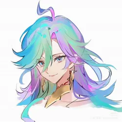 Size: 1440x1440 | Tagged: safe, artist:geruidexiaojituier, derpibooru import, princess celestia, human, g4, ahoge, alternate eye color, alternate hair color, ear piercing, earring, female, genshin impact, image, jewelry, jpeg, long hair, mavuika (genshin impact), piercing, solo, solo female