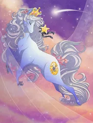 Size: 1692x2224 | Tagged: safe, artist:jjlb, derpibooru import, princess taffeta, earth pony, pony, g1, cloud, cloudy, crown, evening, eyes closed, female, flying, image, jewelry, jpeg, magic wand, mare, mouth hold, regalia, shooting star, sky, solo, twilight (astronomy)