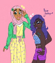 Size: 1280x1451 | Tagged: safe, artist:litttlelamb, derpibooru import, fluttershy, rarity, human, g4, autism, beautiful, blackwashing, clothes, cute, cutie mark on human, dark skin, digital art, dress, duo, duo female, female, flarity, heart, hijab, human female, image, islam, islamashy, jpeg, lesbian, lipstick, long skirt, makeup, polka dot background, raribetes, religion, shipping, short shirt, shorts, shyabetes, skirt, transgender, vest