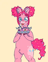 Size: 2500x3200 | Tagged: safe, artist:litttlelamb, derpibooru import, pinkie pie, earth pony, pony, g4, alternate hairstyle, bun hairstyle, candle, cupcake, cute, cutie mark, diapinkes, female, food, happy, image, jpeg, let's be friends, mare, open mouth, open smile, pinkie pie's cutie mark, plate, smiling, solo, sprinkles