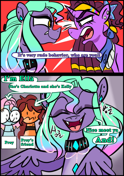 Size: 1240x1754 | Tagged: safe, artist:jully-park, derpibooru import, oc, oc:charlotte parker, oc:connie connor, oc:ella evans, oc:kelly clark, earth pony, pegasus, pony, unicorn, comic:how i meet my chaotic friends, comic, horn, image, png