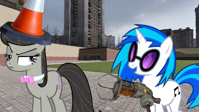 Size: 1920x1080 | Tagged: safe, artist:blitzythepony, artist:epicheavytf2, artist:jaelachan, artist:pyrogaming, derpibooru import, edit, octavia melody, vinyl scratch, earth pony, pony, unicorn, g4, 3d, gmod, gravity gun, horn, image, png, traffic cone, youtube link, youtube thumbnail